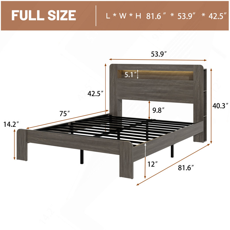 Structure de lit double, structure de lit plateforme en bois avec tête de lit à DEL avec rangement et 2 ports USB, sans bruit