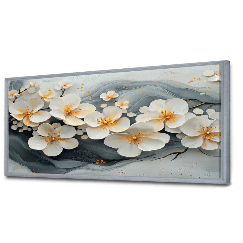 Velours noir fleurs de cerisier I - art mural encadré fleur de cerisier, H 28 po x l 60 po, Cadre flottant, Argent argent