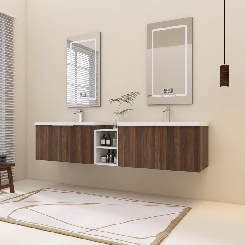Meuble-lavabo double avec plateau en résine 82,92 po Satvik, Noyer
