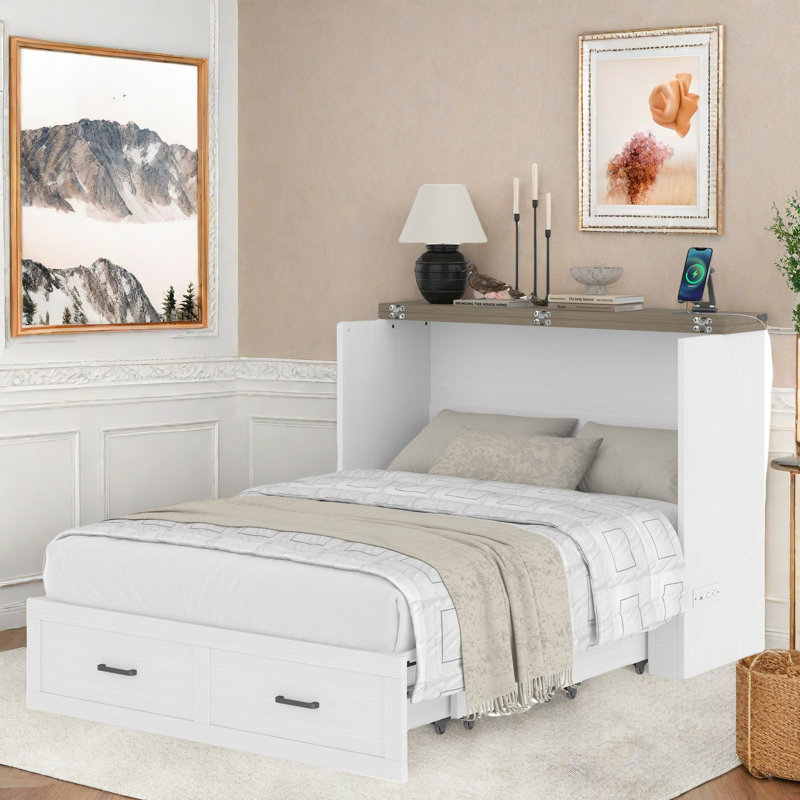 Multi-functional Foldable Murphy Bed  With Charging Station And 1 Large Storage Drawer, White, Full 