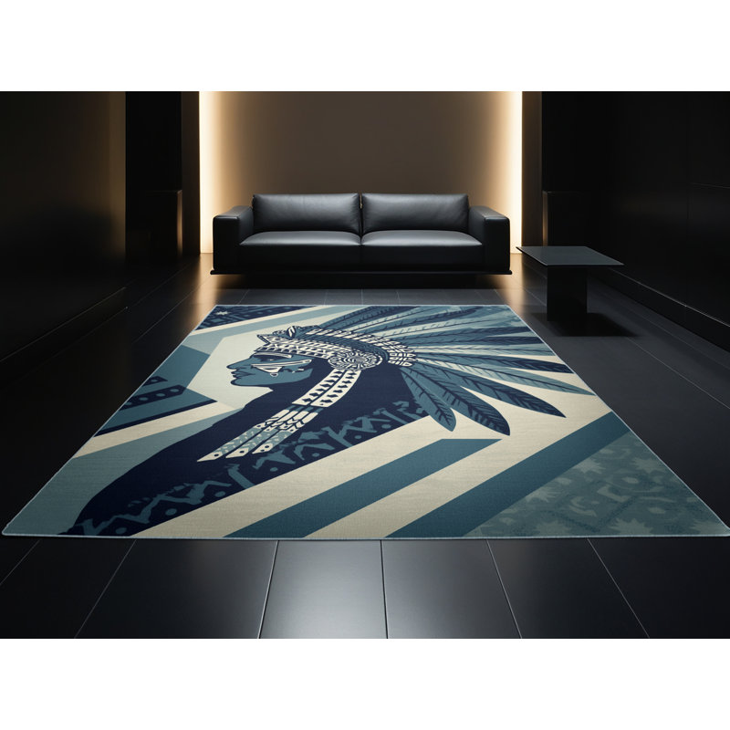 Soft Plush Durden War Painted Warrior Global Inspired Block Print Area Rug in Green – SkyBlue Binding, 7x10