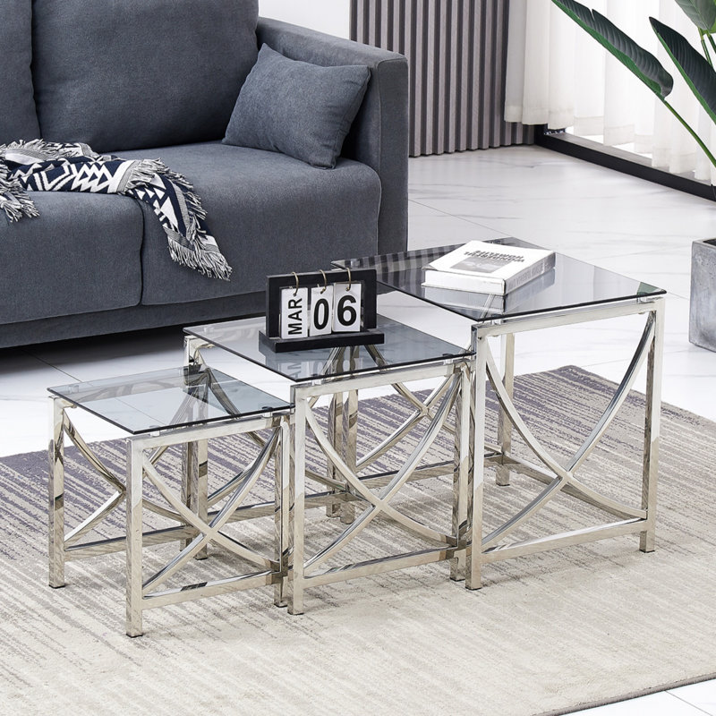 Modern Stainless Steel Nesting Tables With Tempered Glass Top Set of 3 For Living Room (Curve), Chrome/Black Grey
