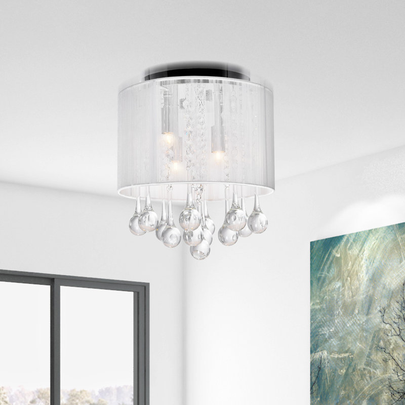 Plafonnier encastré chromé 4 lumières 10 po et abat-jour blanc avec gouttes de cristal, Blanc