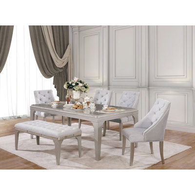 Transitionnel, banc de 1 pièce, coussin en flanelle, dossier de chaise à boutons, argent et gris, salle à manger, finition gris bois massif,