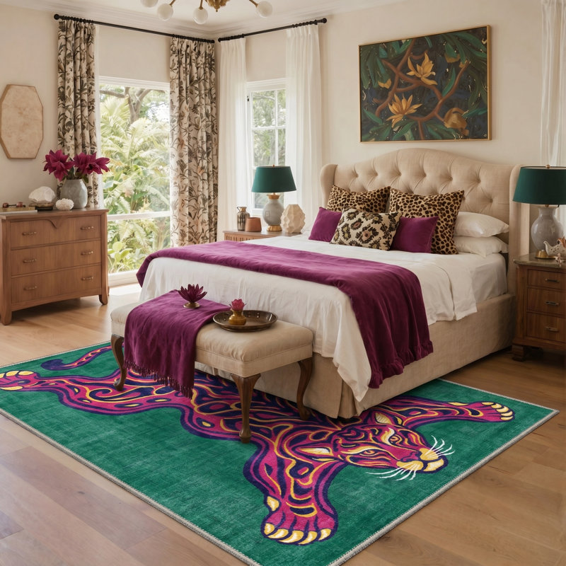 Tapis vert / rose / bleu à motif abstrait lavable à la machine avec envers antidérapant Stylized Collection Tiger