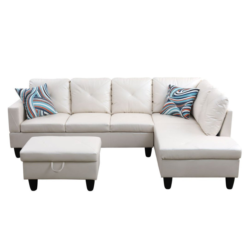 Halid Wide Sofa & Chaise with Ottoman, Right Hand Facing, Faux Leather Beige