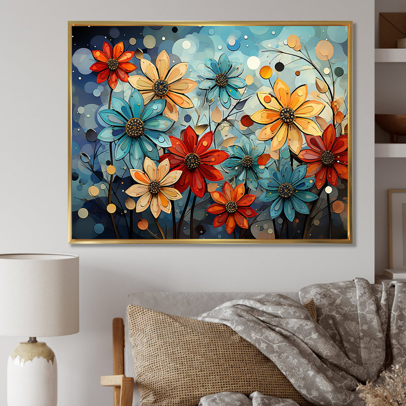 «Cubist Zinnias Flowers Collage» sur toile, Cadre flottant doré, H 24 po x l 32 po x P 1 po