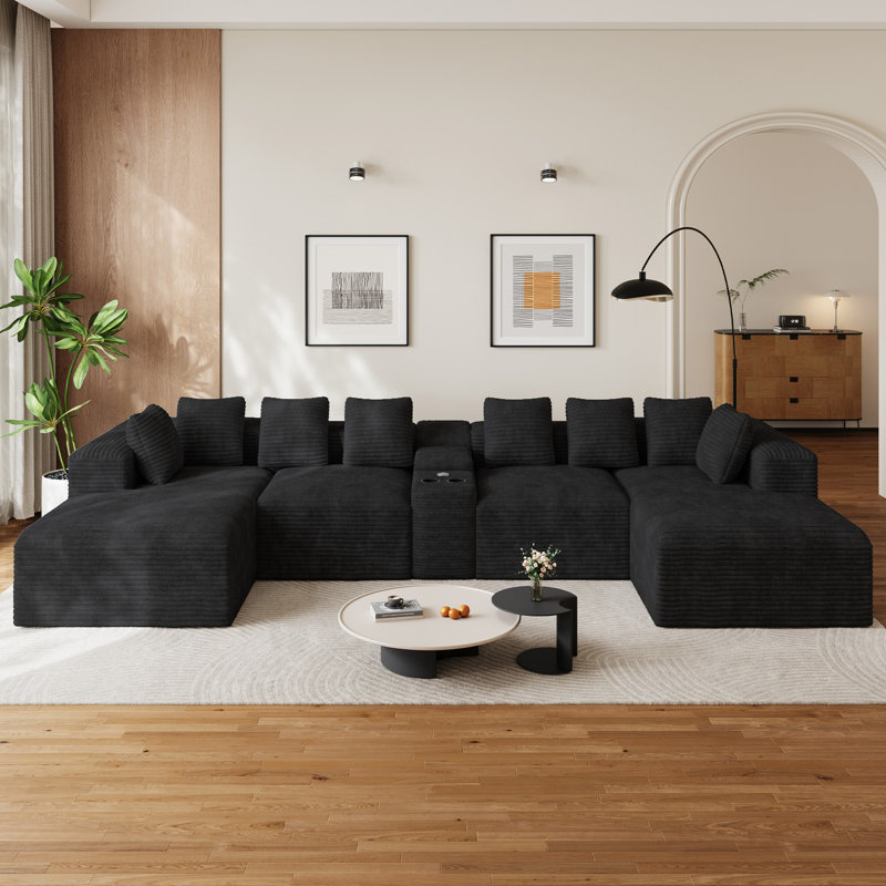 Canapé modulaire de 5 pièces sans assemblage avec chaises, console et porte-gobelet, Velours côtelé noir