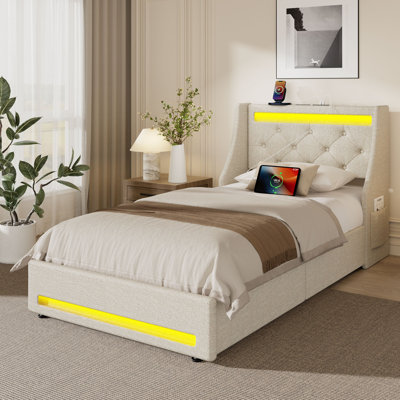 Upholstered Platform Bed Frame with Wingback Headboard & LED Lights& 4 Storage Drawers