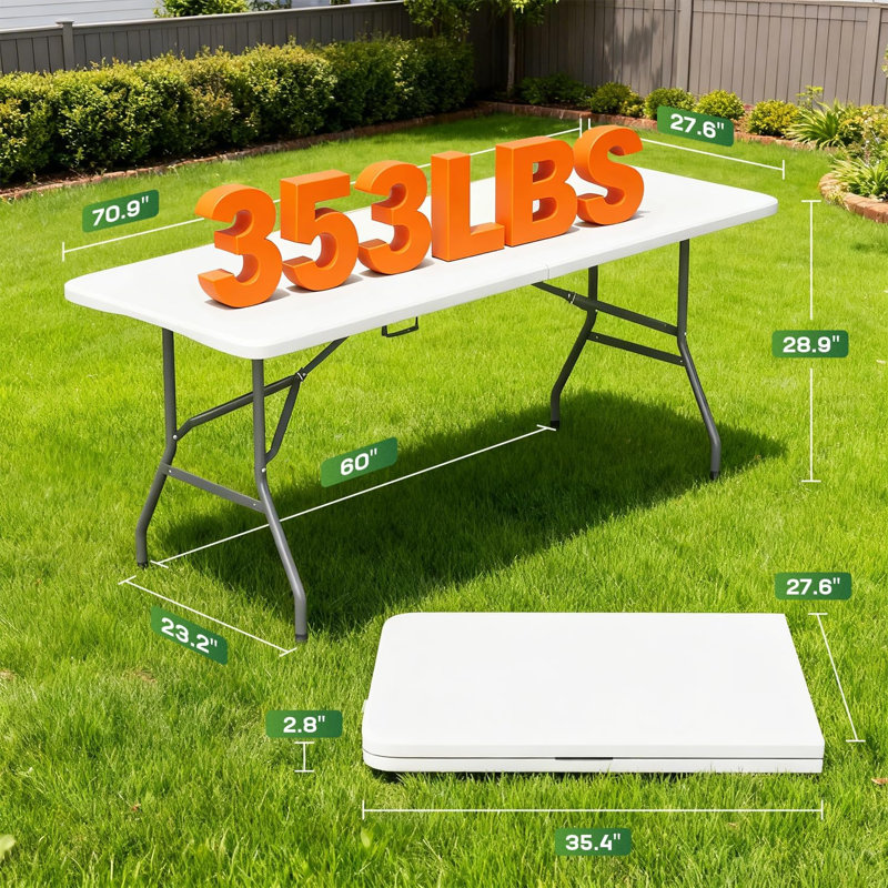 Table de pique-nique portative en plastique pliable de 72 pouces avec pieds en acier thermolaqué et poignée de transport