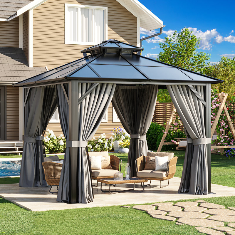 10' X 10' Hardtop Gazebo With Double Roof, Polycarbonate Outdoor Gazebo With Curtains & Netting, Aluminum Frame Permanent Patio Shelter For Backyard, Deck, Poolside
