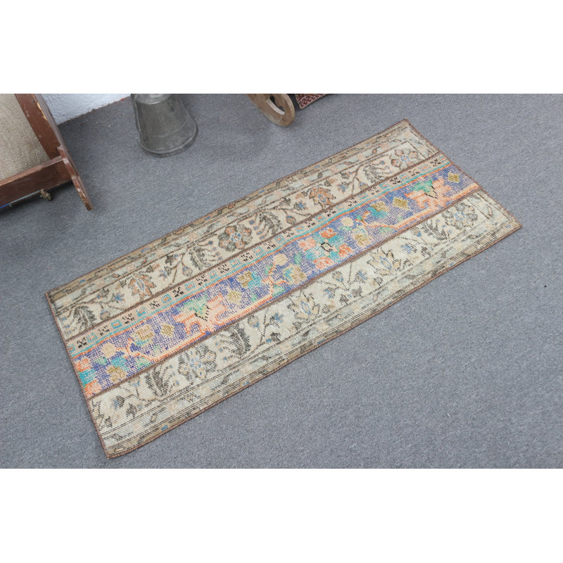 Vintage Small Beige Oushak Turkish Rug Perfect For Entry Spaces With Modern Patchwork Design