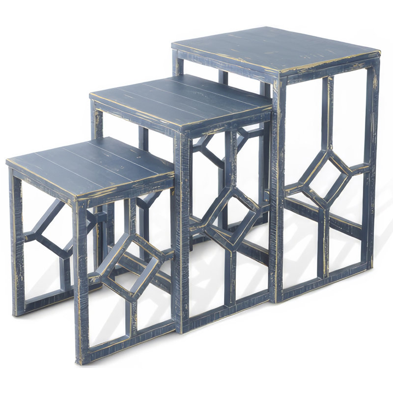 Rena 3 Piece Nesting Accent Table Set | Geometric Frame | Distressed Pebble Solid Mahogany Wood, Blue