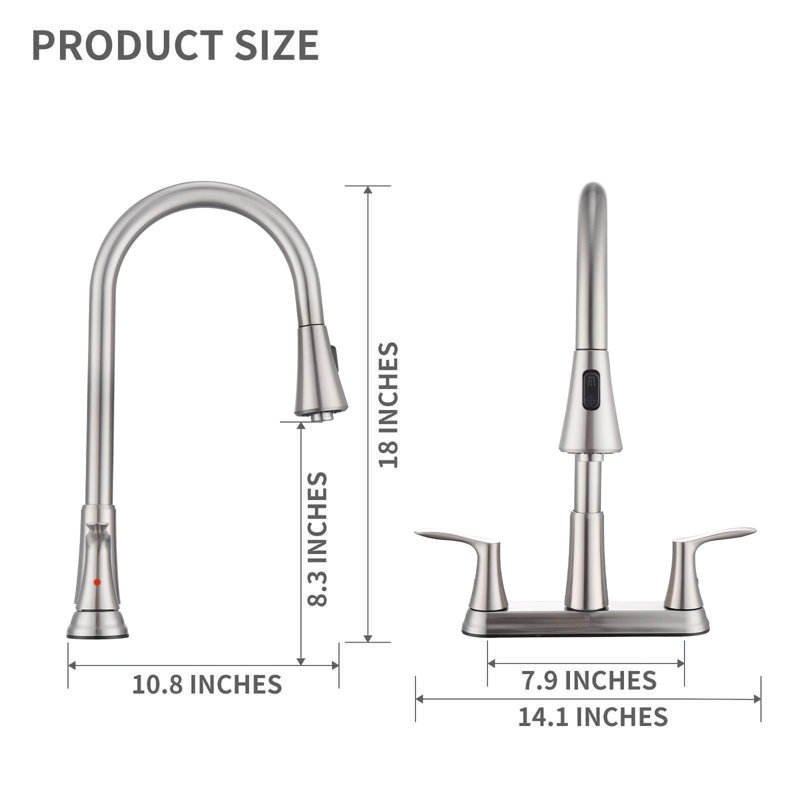 2 Handle Kitchen Faucet For 3-Hole Sink, 360° Rotating Nozzle, Brushed Nickel