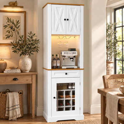 Tall Farmhouse Coffee Bar Cabinet with LED Lights Charging Station and Wine Rack