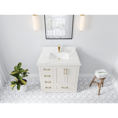 Boston 36 In. W X 22 In. D Center Sink Bathroom Vanity In Alabaster With 2 In. Quartz