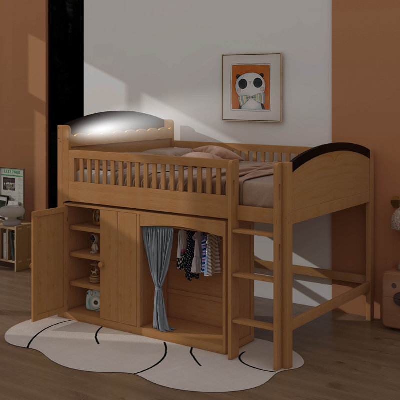 Full Size Loft Bed With Storage Cabinet, Wardrobe, And LED Lighting, Solid Wood Loft Bed With Ladder And Guardrails For Teenagers