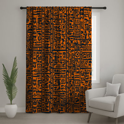 Orange Hieroglyphic Symbols Window Curtains, Hieroglyphics Sheer & Blockout Curtains - 1 Panel