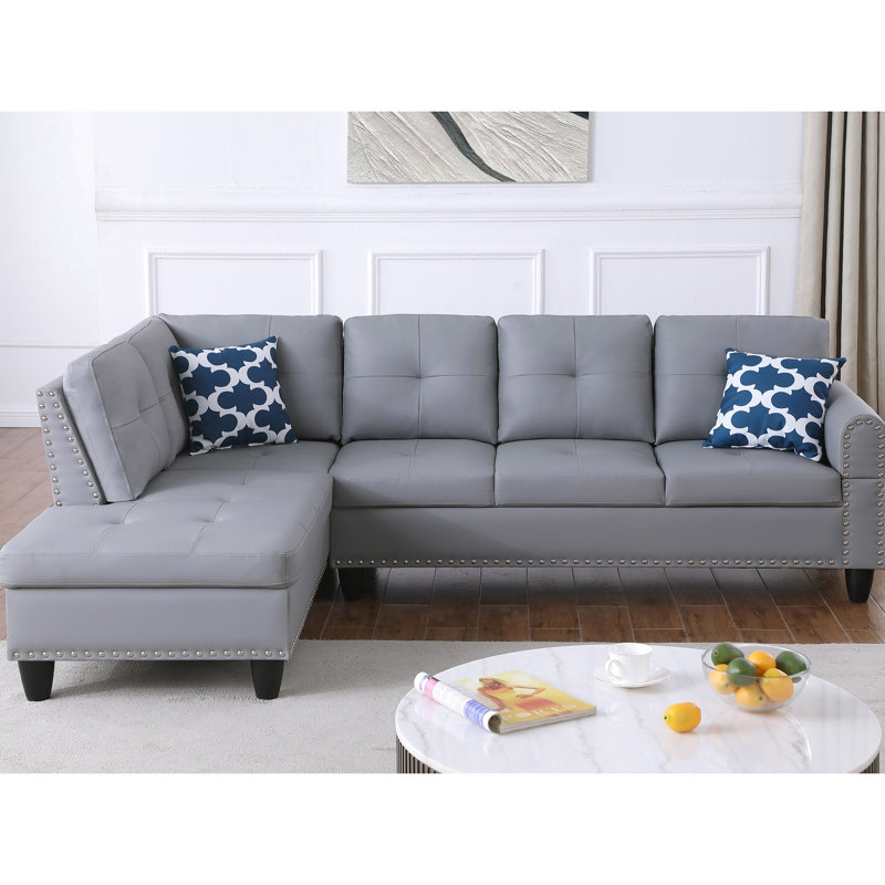 2 canapés modulaires en similicuir, conception en forme de L orientée vers la gauche, couleur grise, sièges mi-moelleux, 3 sièges, 98 po de largeur, 71 po de profondeur, 33 po de hauteur, 169 lb, coussins de dossier amovibles, canapé modulaire à accoudoirs arrondis,