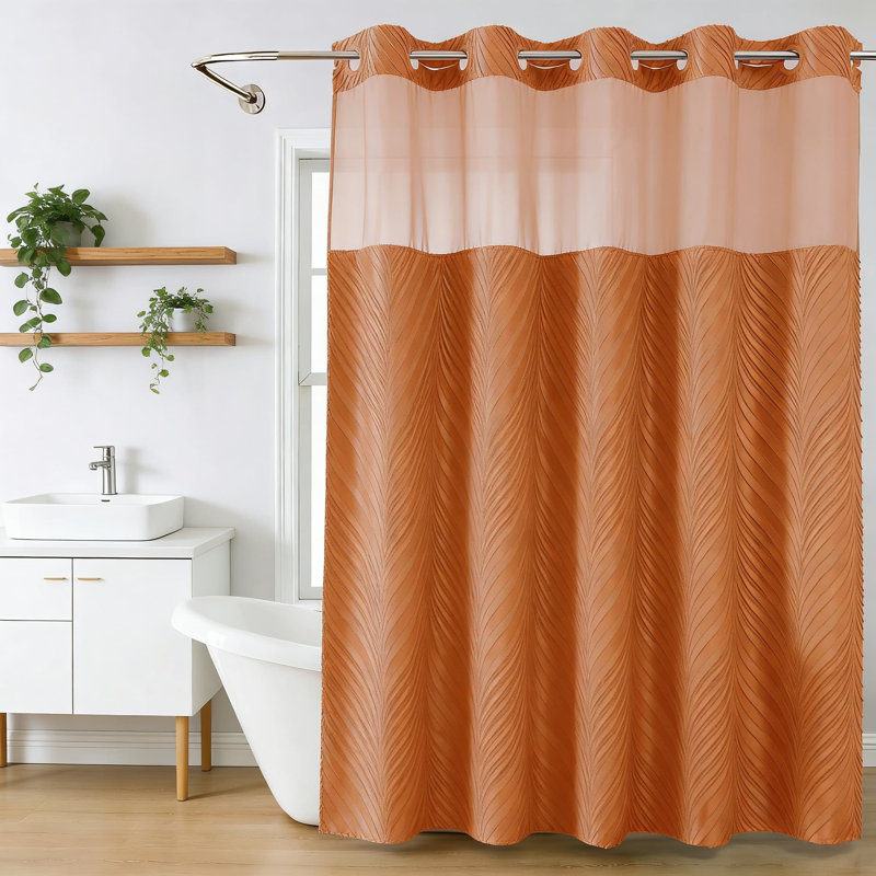 Ensemble de rideau et doublure de douche sans crochet avec remplacement de doublure encliquetable, tissu texturé touffeté à rayures, style bohème avec fenêtre supérieure transparente, imperméable et facile à installer