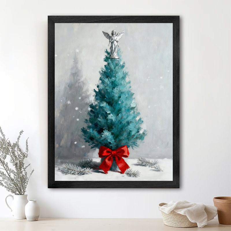 Reproduction encadrée noire rétro d'un arbre de Noël bleu avec un nœud papillon rouge, H 25 po x l 17 po
