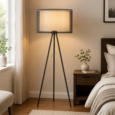 Black 58.9" modern tripod floor lamp with a linen fabric shade, pull-chain switch, and 3000K warm-light LED bulb; tall standing light for living rooms, bedrooms, and offices.
