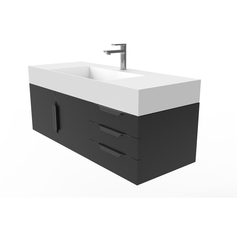 Meuble-lavabo mural simple 48 po avec comptoir à surface solide 48 po, Blanc, Noir, Noir