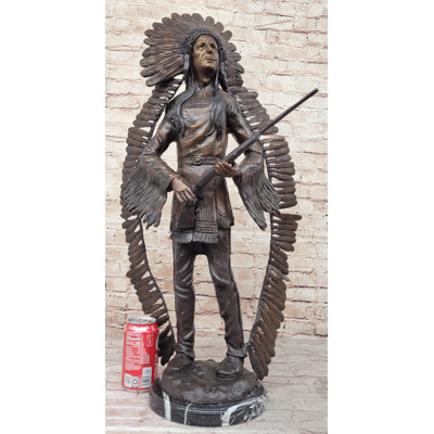 Native American Indian Warrior W/ Rifle Bronze Statue Sculpture Western Decor