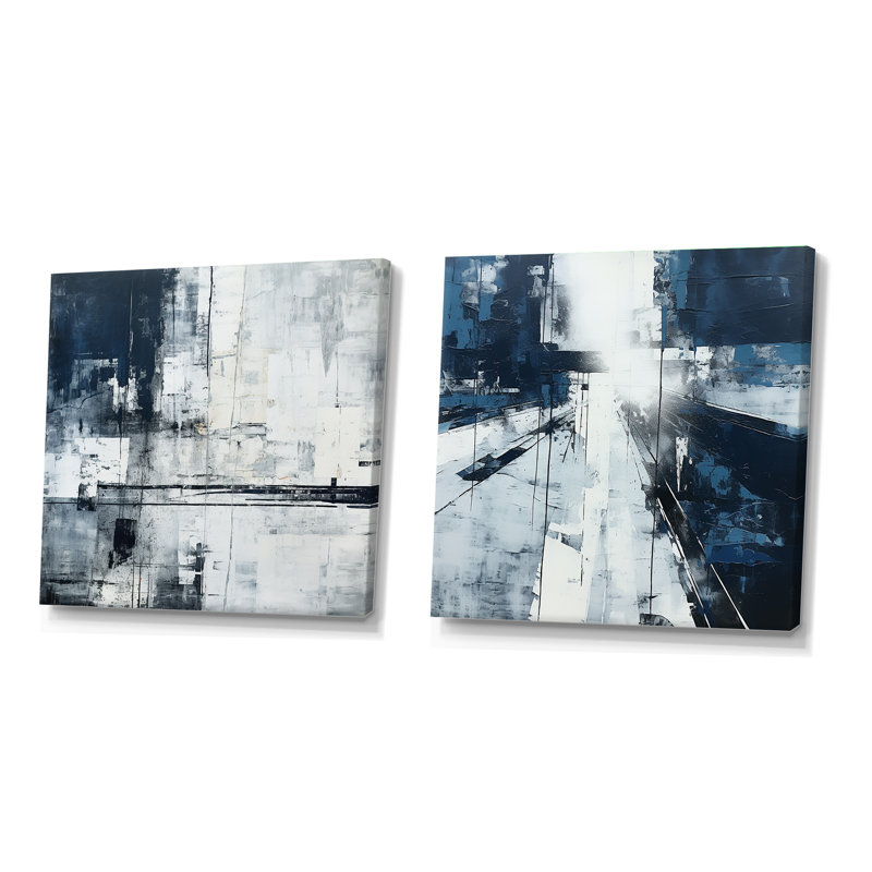 Ensemble de 2 collages carrés noirs en noir et blanc, Toile tendue, H 16 po x l 33 po