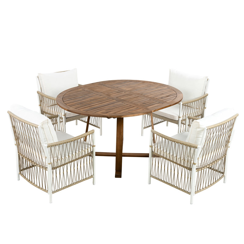Ensemble de table de salle à manger extensible en bois d'acacia avec 4 fauteuils en rotin pour l'intérieur et l'extérieur