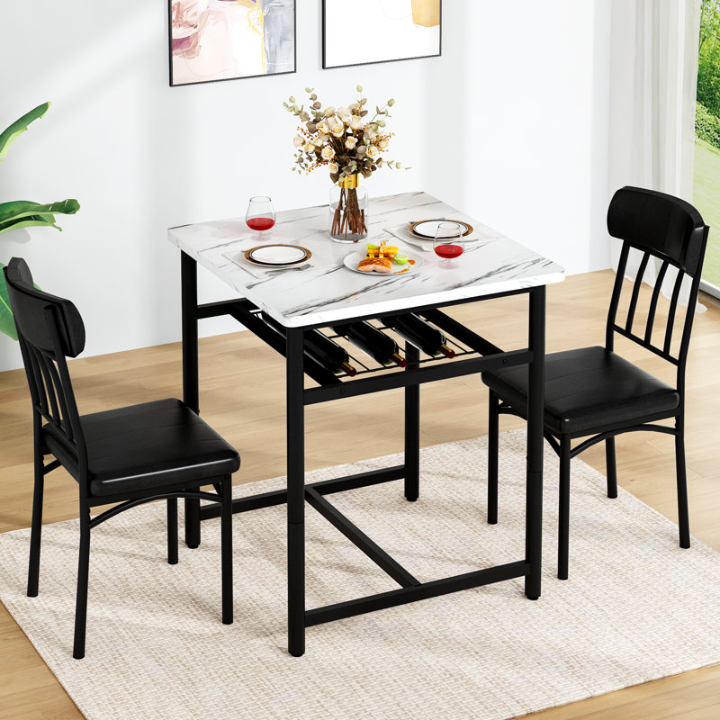 3-Piece Square Dining Table Set, Retro Farmhouse Style Small Kitchen Table And Chairs Set With MDF Table Top And Metal Frame, Space-Saving Bar Table Set For 2 With Wine Rack, For Small Space, Dining Room, Apartment