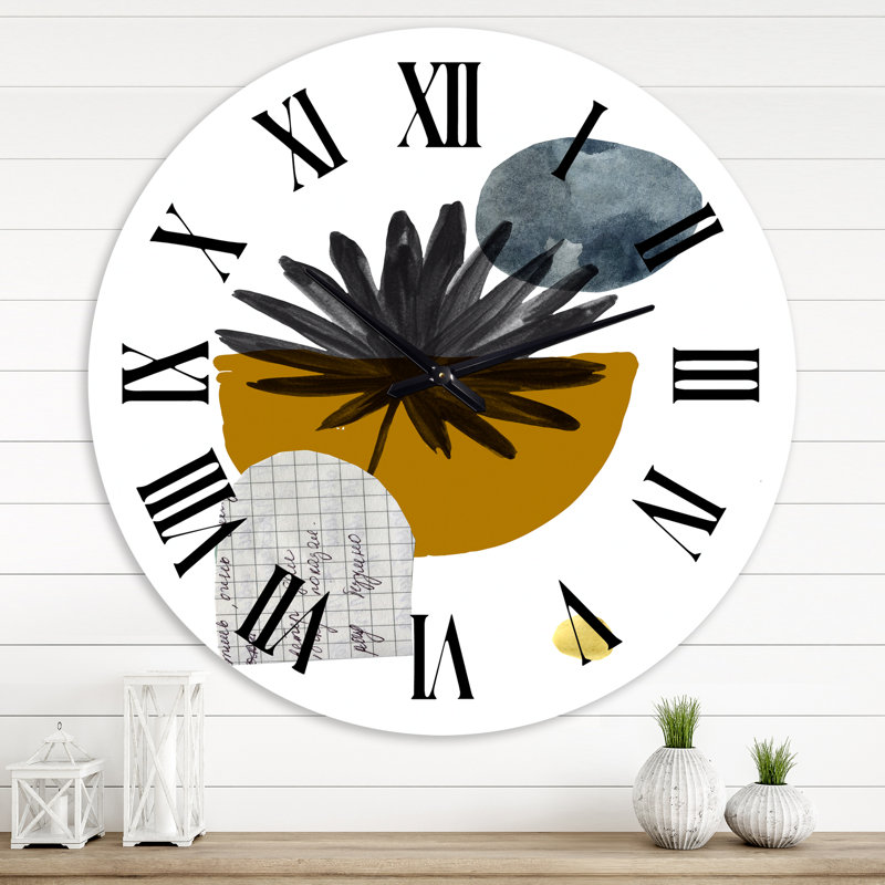 Feuille de palmier tropical et formes géométriques abstraites I - horloge murale moderne, Surdimensionné