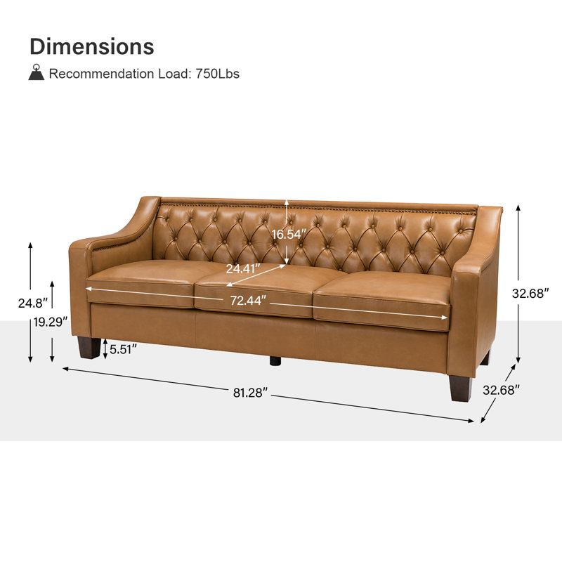 Raeburn 82.28" Wide Genuine Leather Sofa With Sloped Arms, Camel Genuine Leather