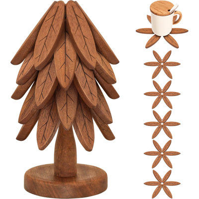 Wooden Trivets For Hot Dishes, Wooden Tree Trivet Set, Tree Coasters - Of 5 + 1 Stand Stored, Suited For Hots, Pans, Bowl, Teapot, Hot Holders - Multifunctional Ornaments