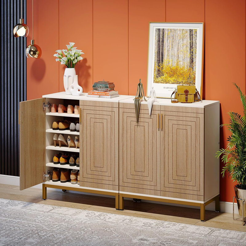 20 Pair Shoe Storage Cabinet, White/Natural/Gold