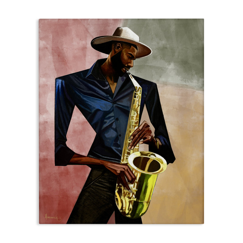Toile de joueur de saxophone, conception par Manasseh Johnson Sr, H 20 po x l 16 po