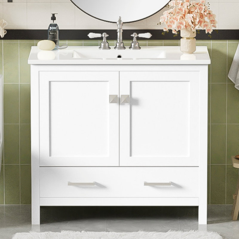 Meuble-lavabo blanc 36 po avec lavabo en céramique, portes à fermeture douce, double tablettes de rangement et tiroir divisé - Armoire de salle de bain moderne avec beaucoup de rangement