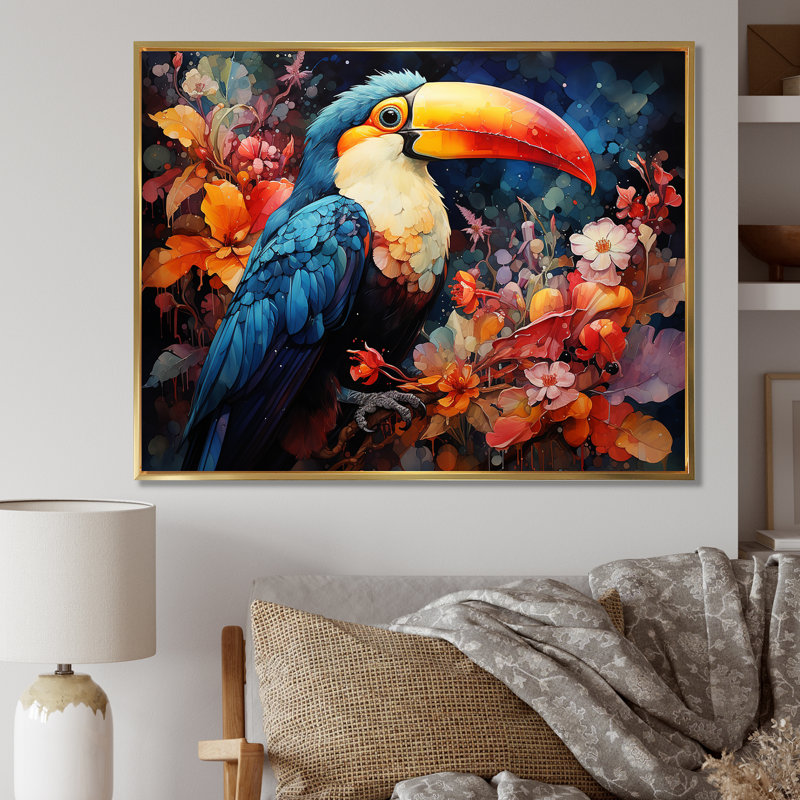 «Tropical Toucan Portrait I - Toucan Animal», art mural, Cadre flottant doré, H 24 po x l 32 po x P 1 po