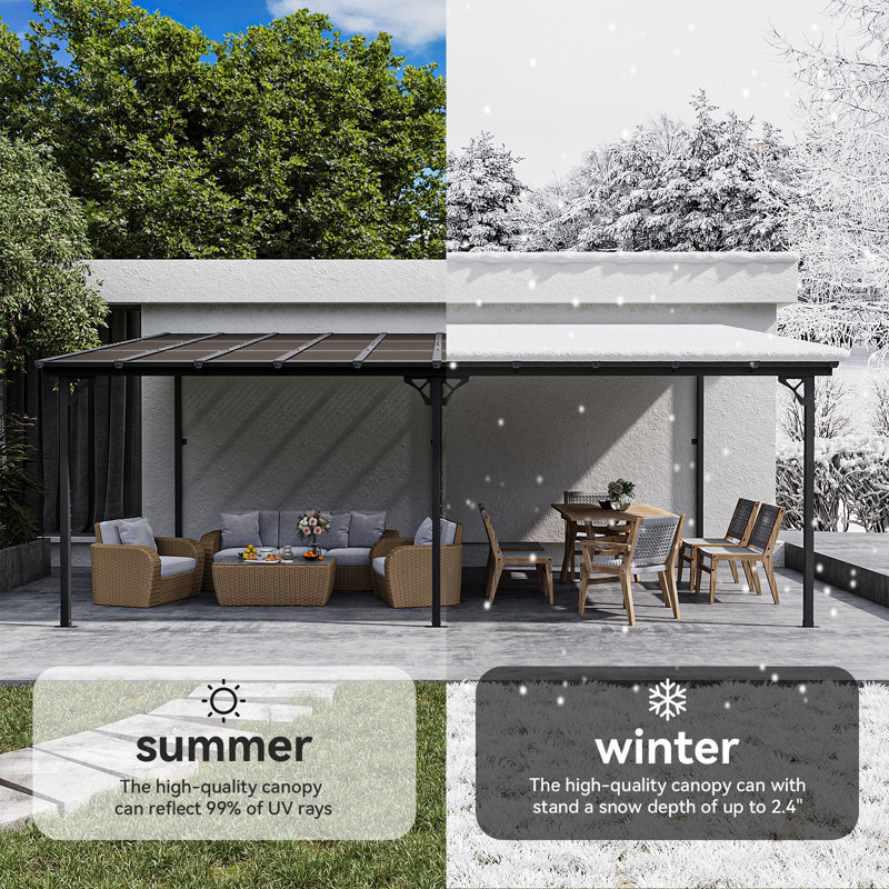 12 pi. L 10 pi. Pergola en métal avec auvent, H 98,43 po x l 233,86 po x P 145,67 po