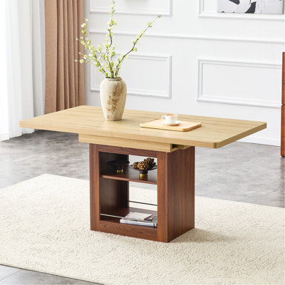 Une table de salle à manger extensible avec espace de rangement, une table de salle à manger extensible de 59 à 71 pouces. Table rectangulaire en bois avec structure en panneau de fibres à densité moyenne de couleur noyer pouvant accueillir 4 à 8 pe