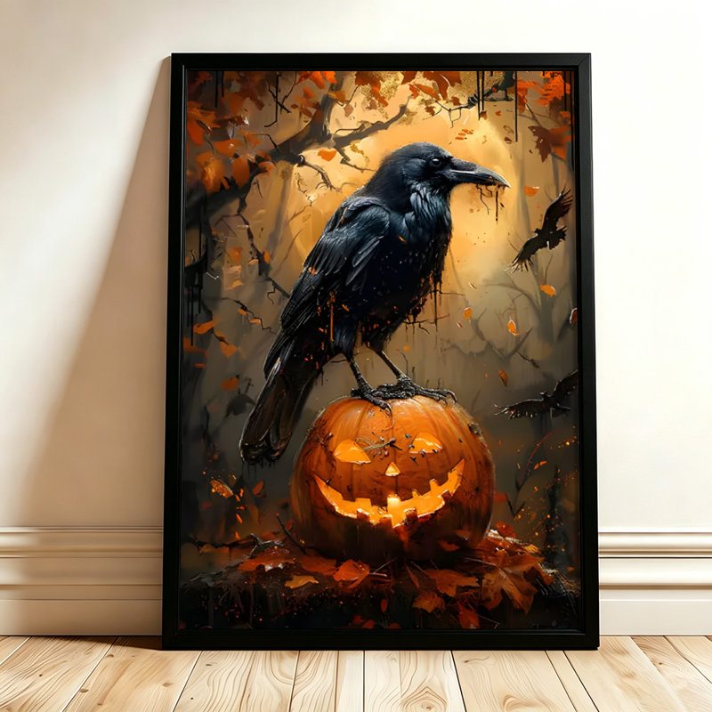 Corbeau d'Halloween perché sur une citrouille illuminée, tableau sur toile encadré, cadre noir, 40 x 60 cm, 16x24, Black
