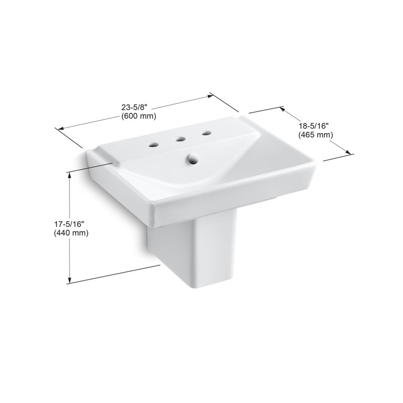 Rêve Fireclay 24" Wall Mount Bathroom Sink with Overflow, Blanc, 8" Centers