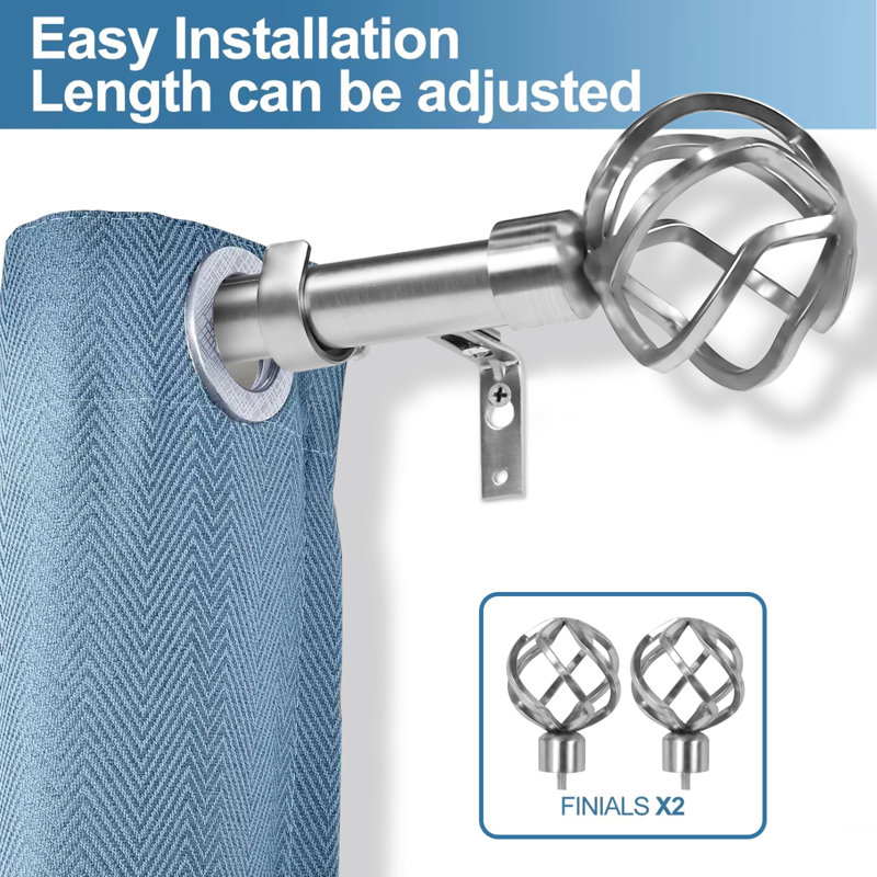 Brushed Steel Adjustable Single Curtain Rod with Decorative Finials