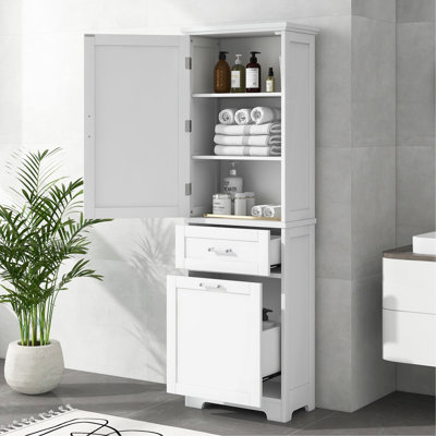 Grande armoire de rangement blanche pour salle de bain - autoportante, tablette réglable, deux tiroirs, finition peinte en panneau de fibres à densité moyenne | Idée de cadeau
