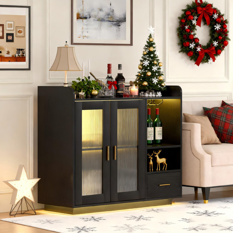 Floating Coffee Bar Cabinet With Led Light,wine And Glass Rack, Black