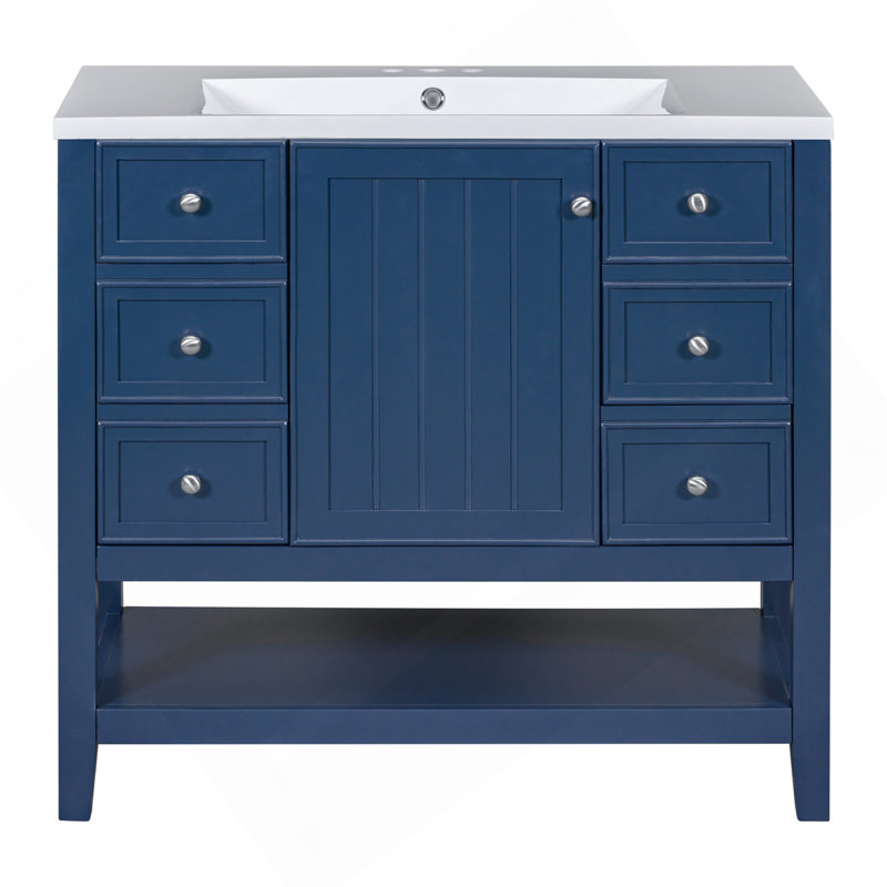 Meuble-lavabo 36 po avec lavabo, une armoire et trois tiroirs, panneau de bois et panneau de fibres à densité moyenne, bleu 
