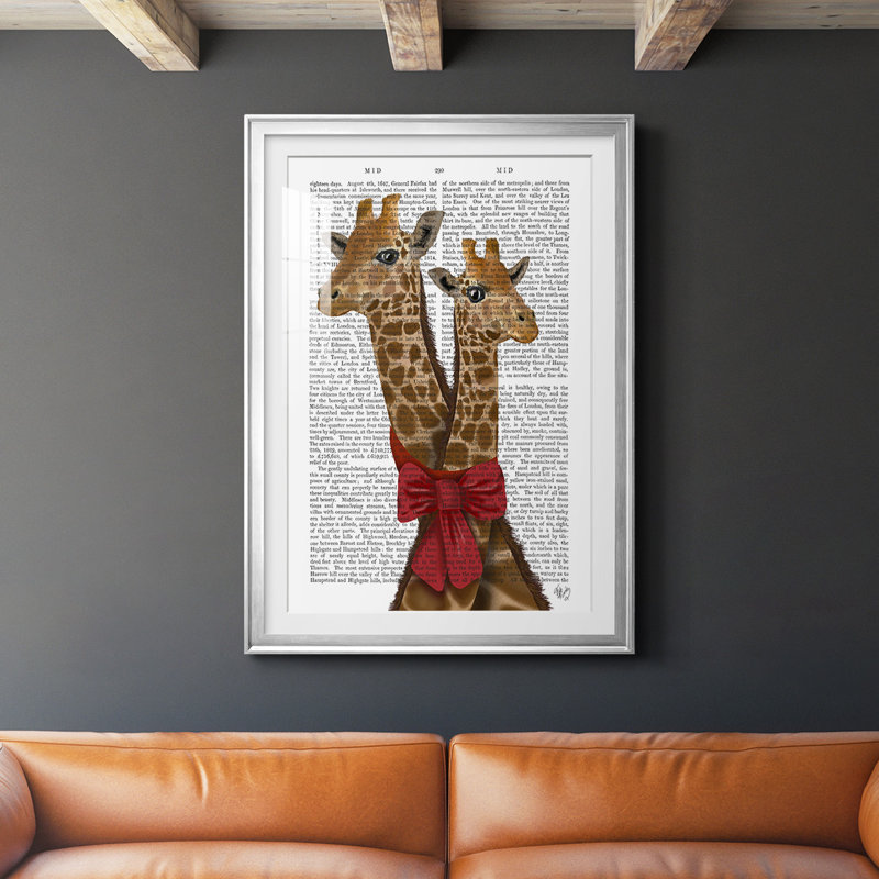 21_Giraffes and Bow, reproduction encadrée de qualité supérieure - prête à être accrochée, Argent, L 26,5 po x H 36,5 po