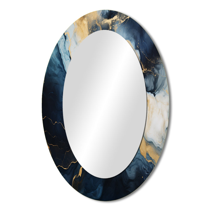 Or et bleu, peinture abstraite en marbre IV - miroir décoratif ovale abstrait sur métal, 36 po x 24 po