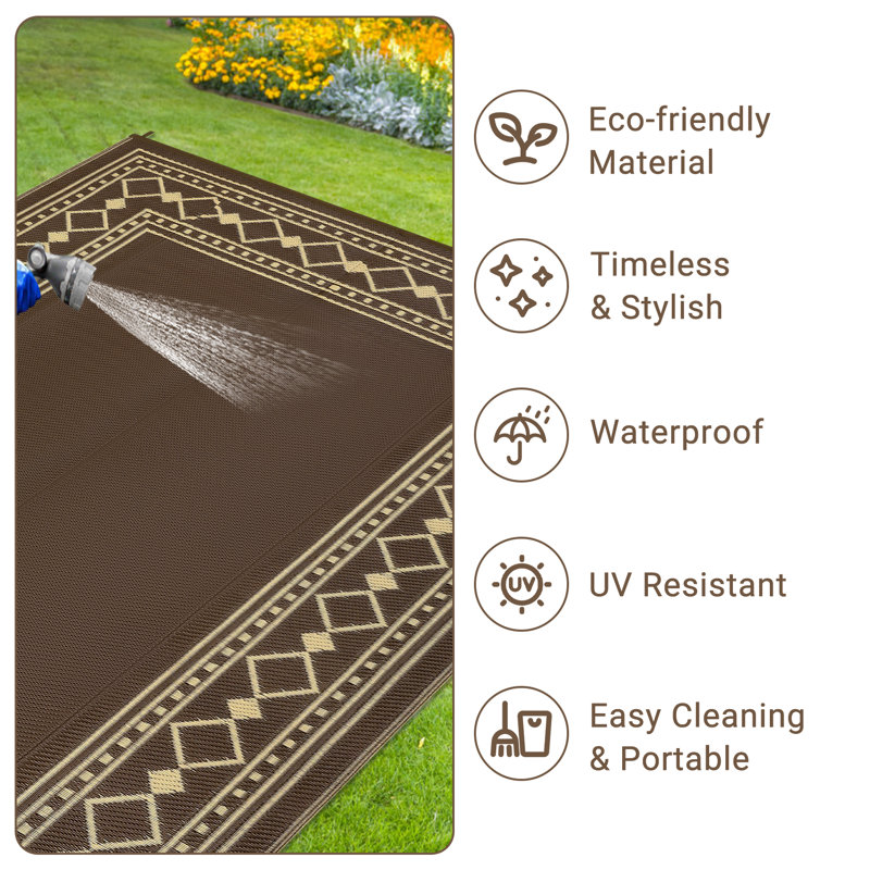 Outdoor Rug Modern Bordered Geometric Rug Waterproof Reversible Plastic Straw Rug for Patio Camping RV Balcony Backyard