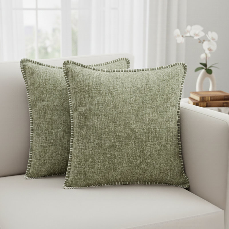 Soft Chenille Throw Pillow Covers With Stitched Edge, 20" x 20", Olive Green, Pillow Cover Only - No Insert